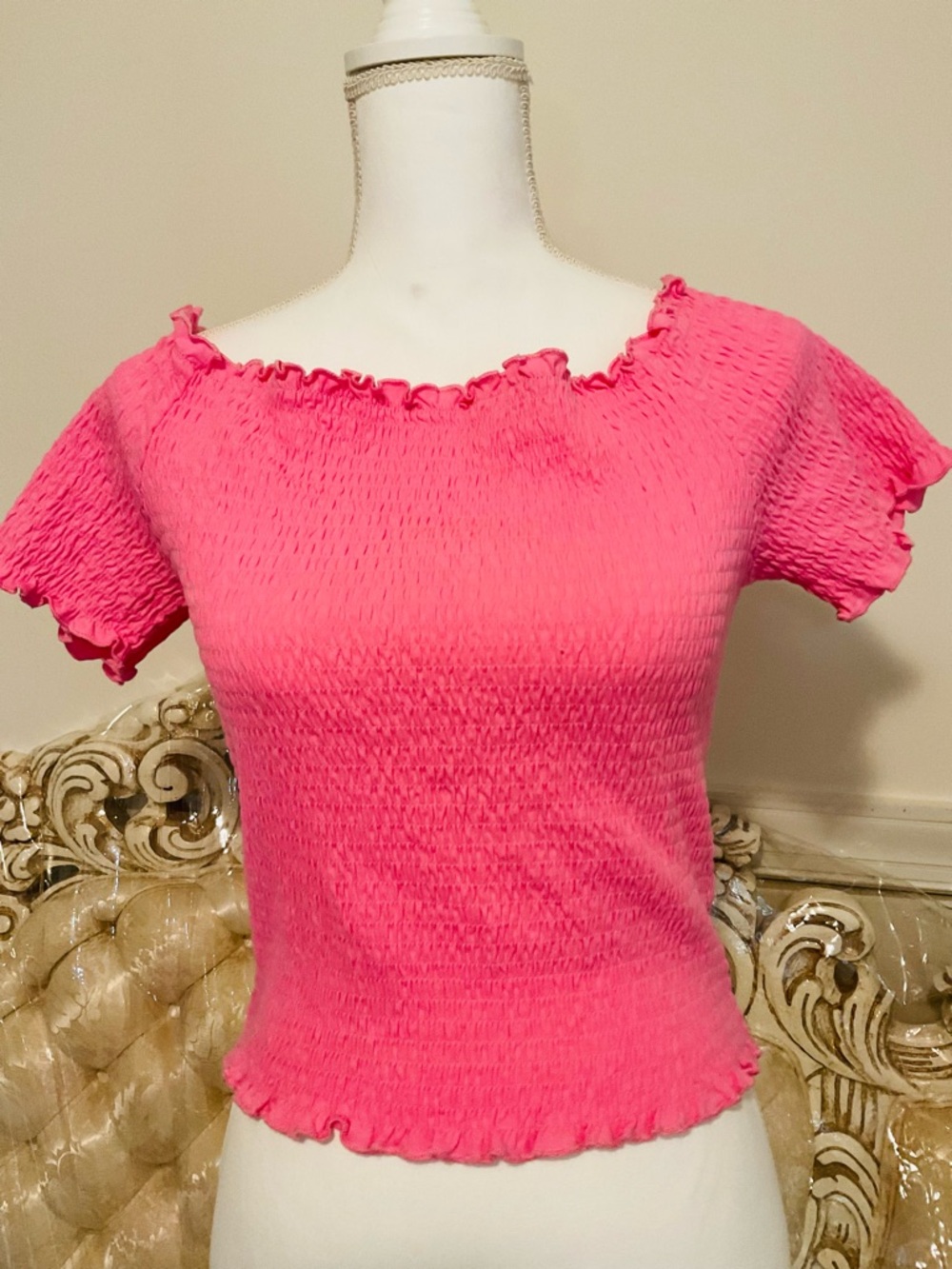 Women's Pink Shirred Ruffle Edge Top